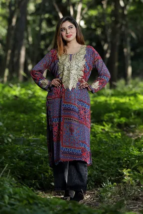 CHARMING Multicoloured Printed Georgette Kashmiri Tilla Work Designer Kurti  Suitable For All Occasion , Enhance The Beauty Of The Wearer.