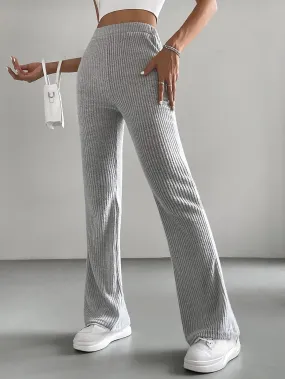 SOLID RIBBED FLARED-LEG PANT