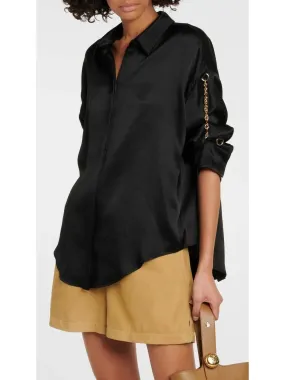 Women’s Chain-Sleeve Satin Shirt, Black